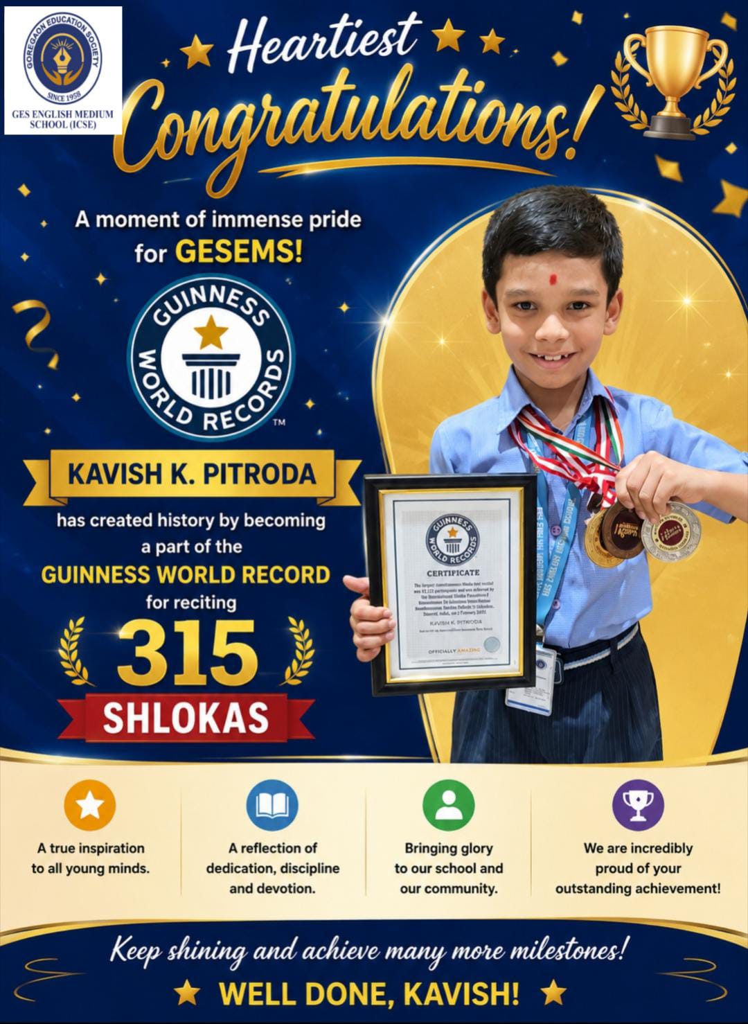 Guinnes World Record for the remarkable achievement of reciting 315 Shlokas.